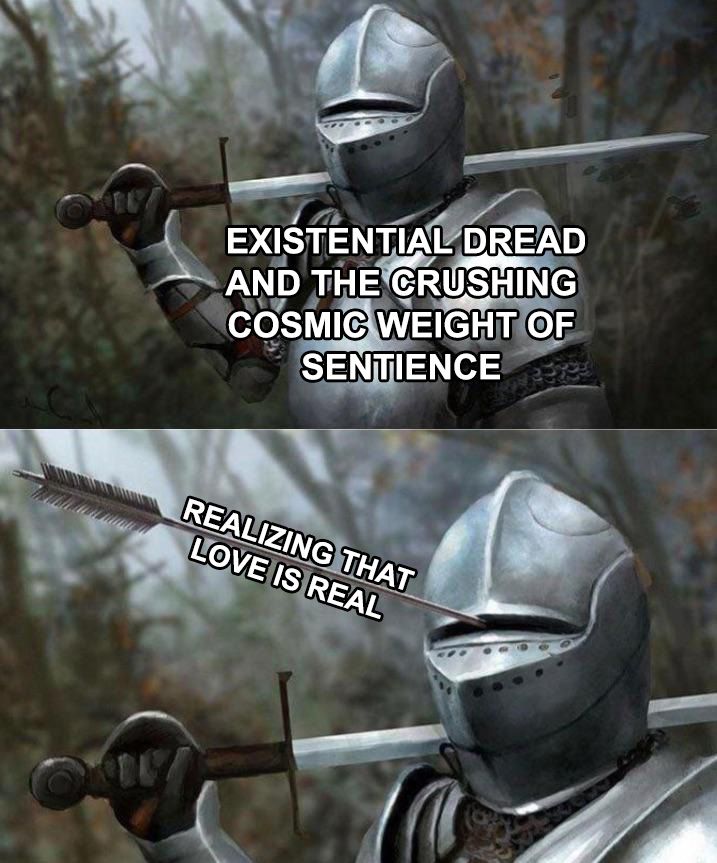 first panel of knight labeled 'existential dread an the crushing cosmic weight of sentience." second panel of arrow shooting through small slit in his visor and arrow is labeled "realizing that love is real"