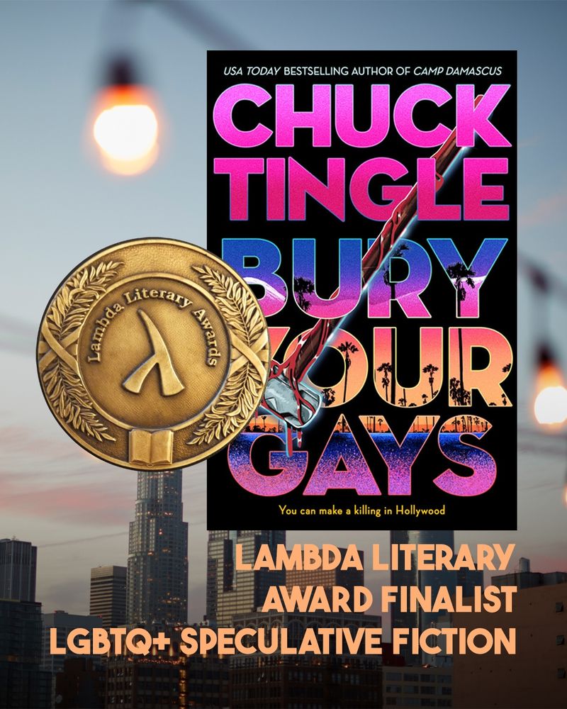 bury your gays in front of los angeles skyline with lambda seal next to it