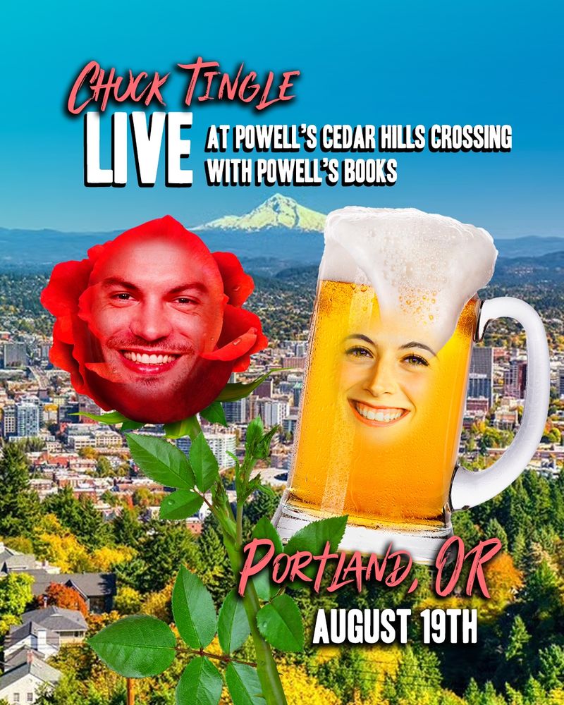 sentient rose and living beer floating before portland landscape 