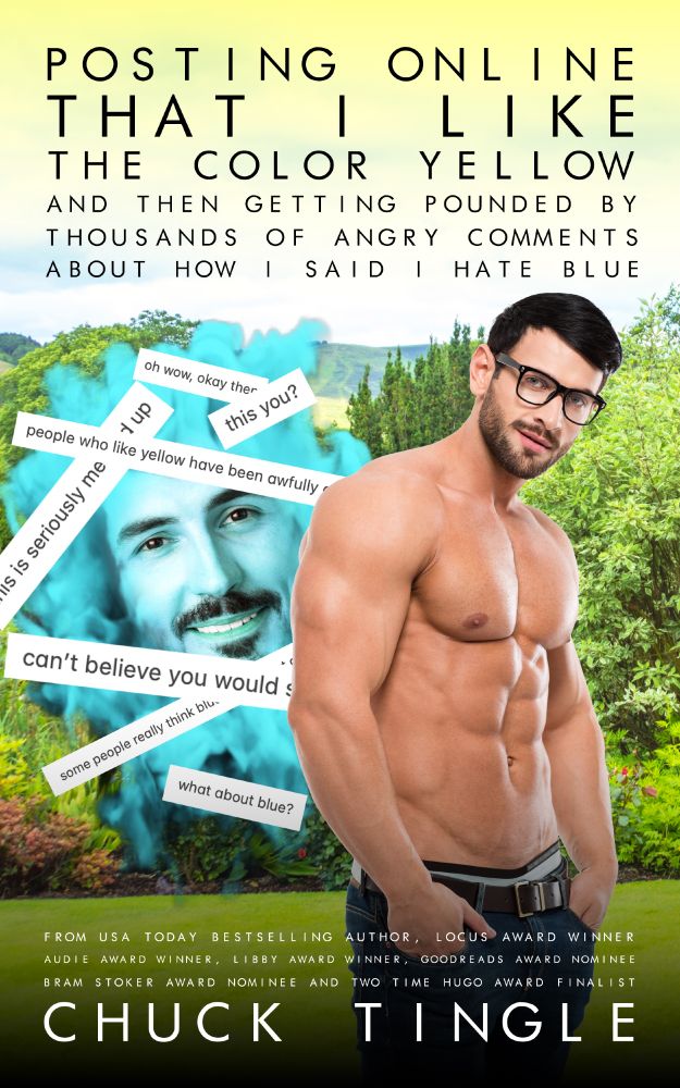 handsome buckaroo with glasses and no shirt on standing on the right, on the left is the physical manifestation of a swirling blue cloud of angry comments but he seems pretty nice actually. they are in a forest