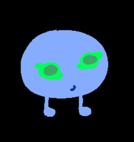 A digital drawing of a light blue, circular shaped creature with two thin legs, two neon green eyes with a cool shape, and a pouty mouth.
