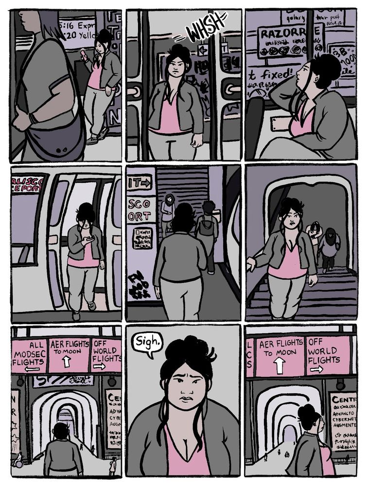 a page of my comic future proof. the main character sunny takes a train to a spaceport in silence.