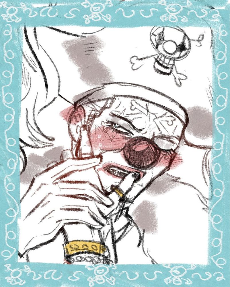 A portrait of Buggy, a person's hand is touching his face, he is flustered, there are hearts in his eyes 
