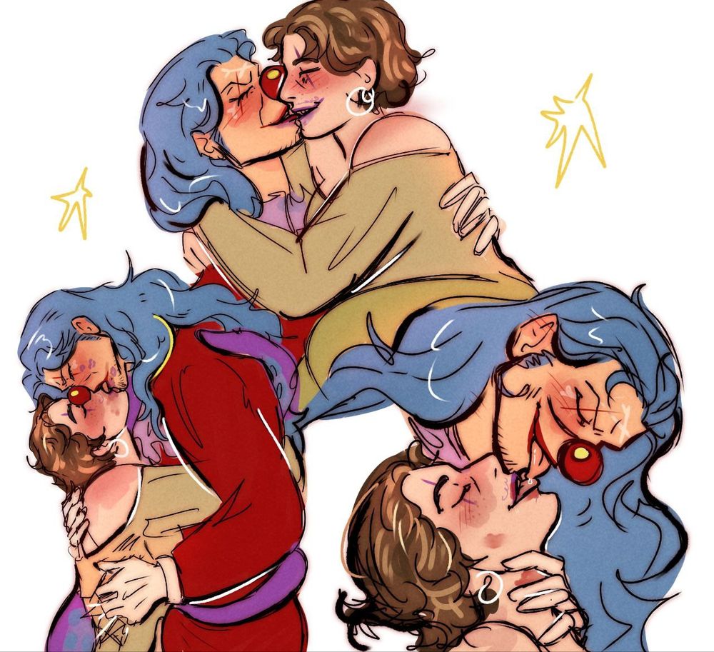 A page with sketches of Buggy and Silly kissing 