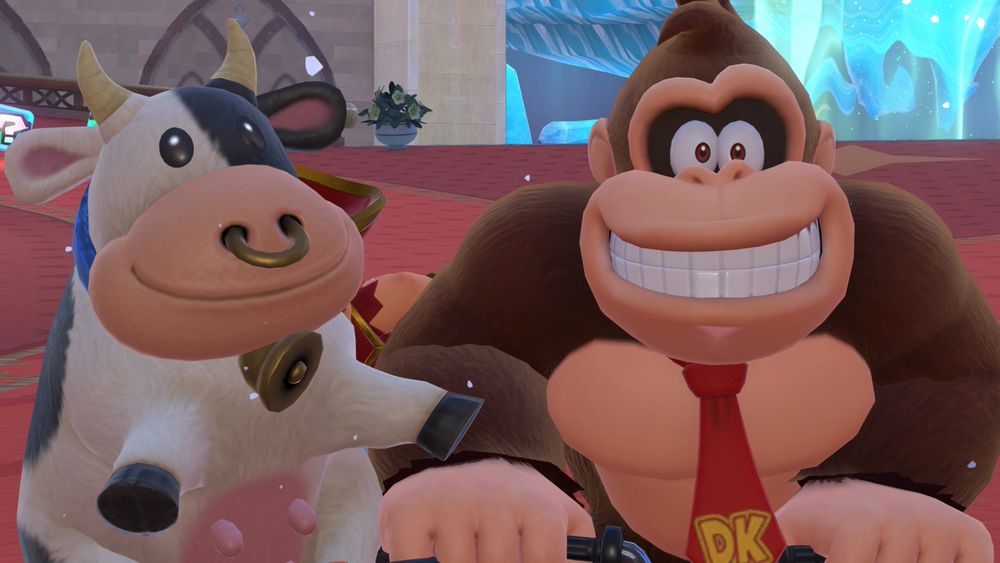 The famous Cow from Mario Kart World with an obscure indie game character known as Donkey Kong.