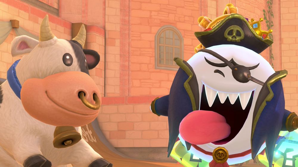 The Cow from Mario Kart World attempting to celebrate King Boo's victory but the rage radiating from deep inside is obvious for all to see.