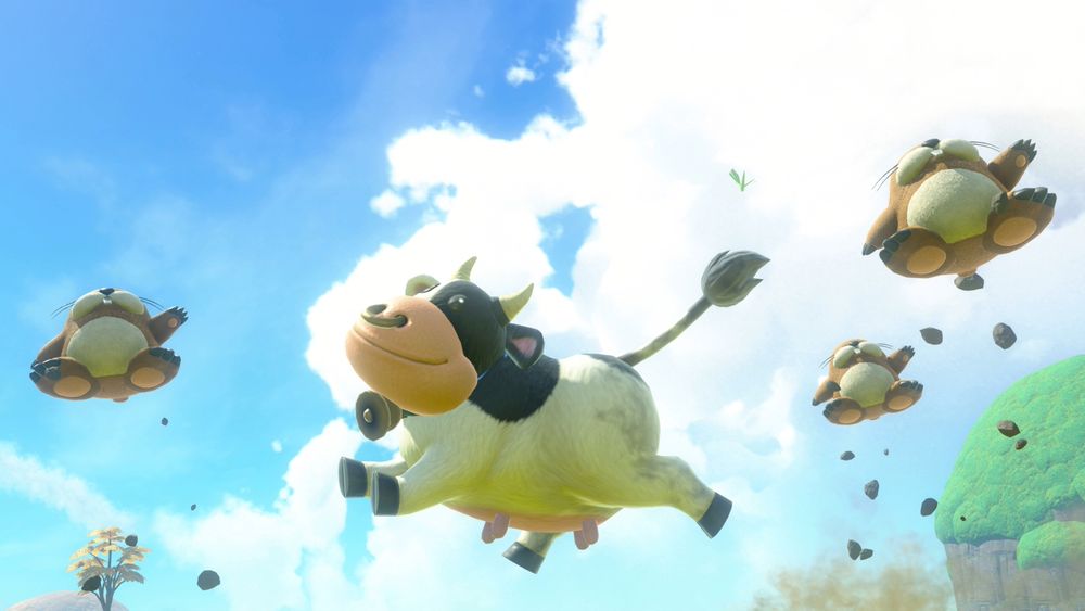The Cow from Mario Kart World and three Monty Moles leaping into the air.