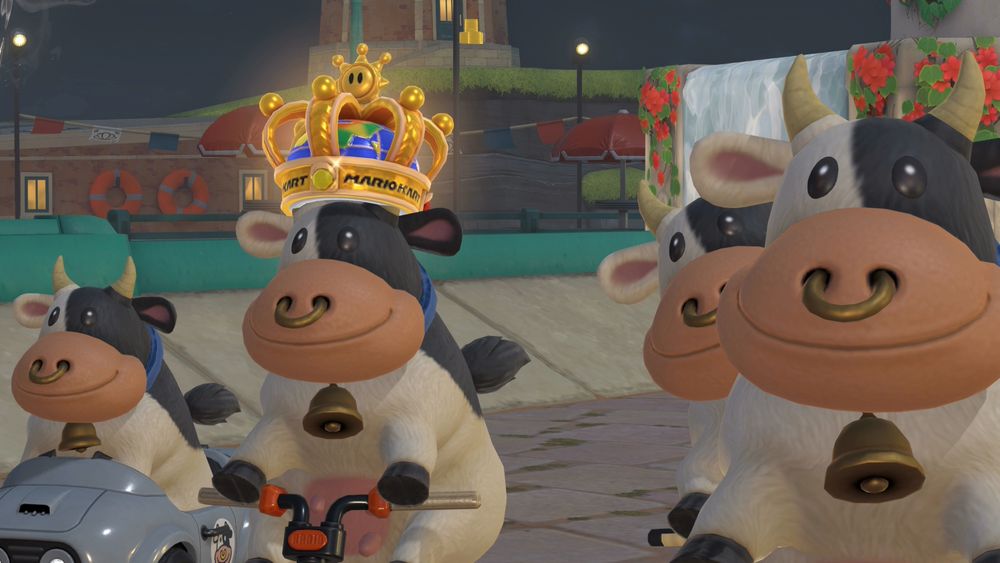 The Cows from Mario Kart World with the royal Cow from Mario Kart World.