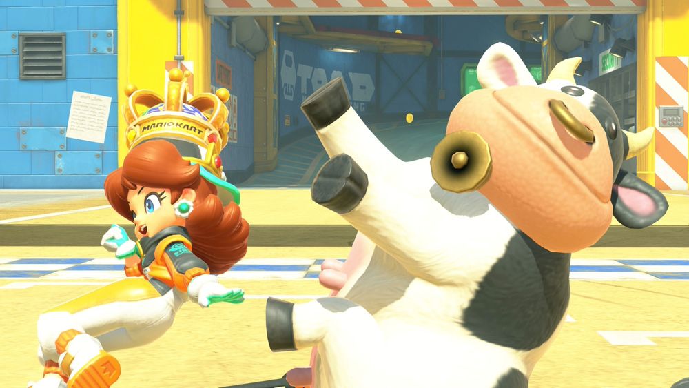 The Cow from Mario Kart World being a beautiful majestic Queen that is beloved by the people and respected around the world. Daisy is also there.