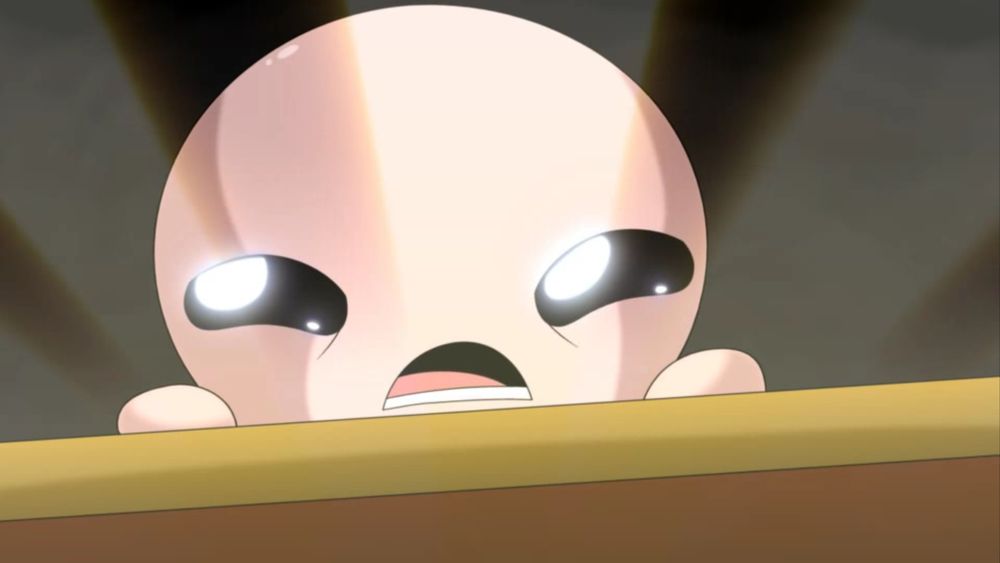Isaac from the Binding of Isaac looking inside a chest.
