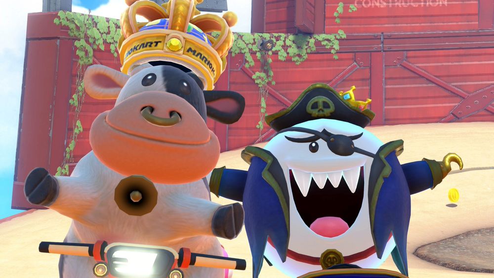 The Cow from Mario Kart World celebrating a victory with King Boo.