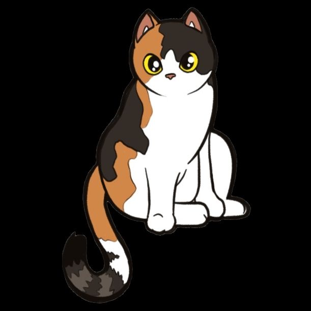 A fat calico sitting on her hind-legs. She is turned towards the viewer.