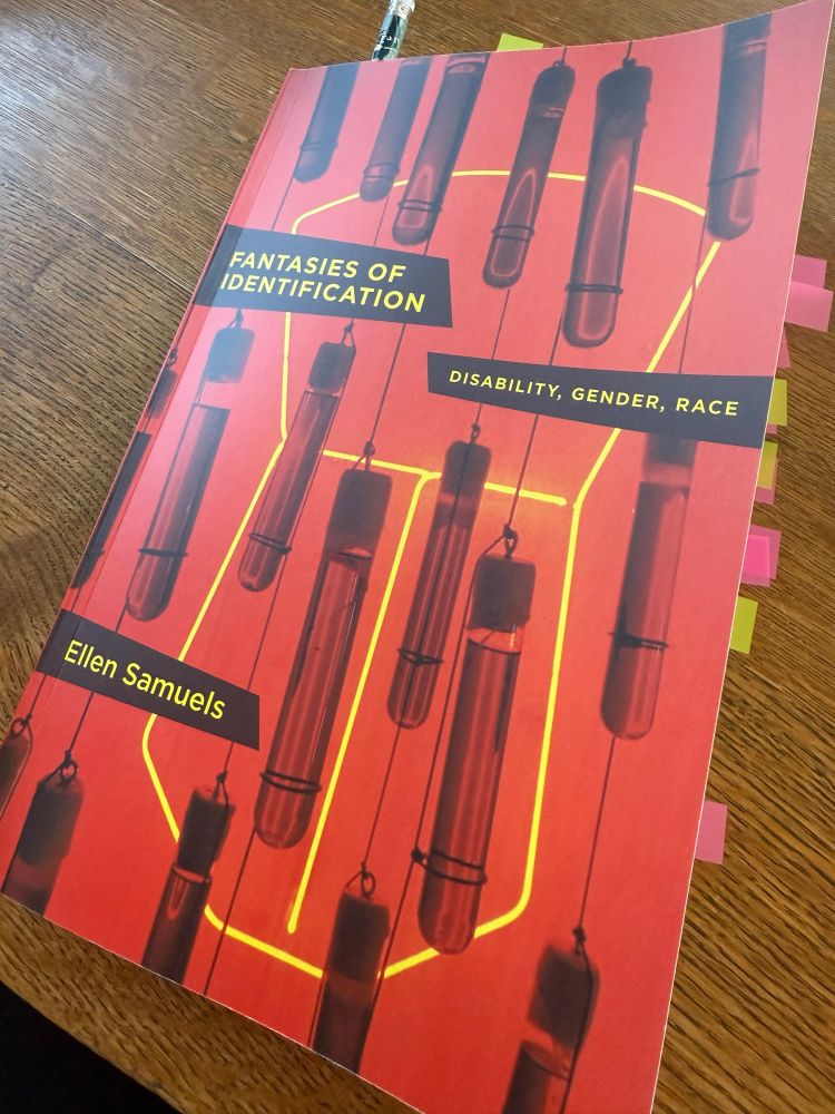 Cover of a book called “Fantasies of Identification: Disability, Gender, Race” by Ellen Samuels. 

The image is all red with test tubes hanging from wires like a mobile. 