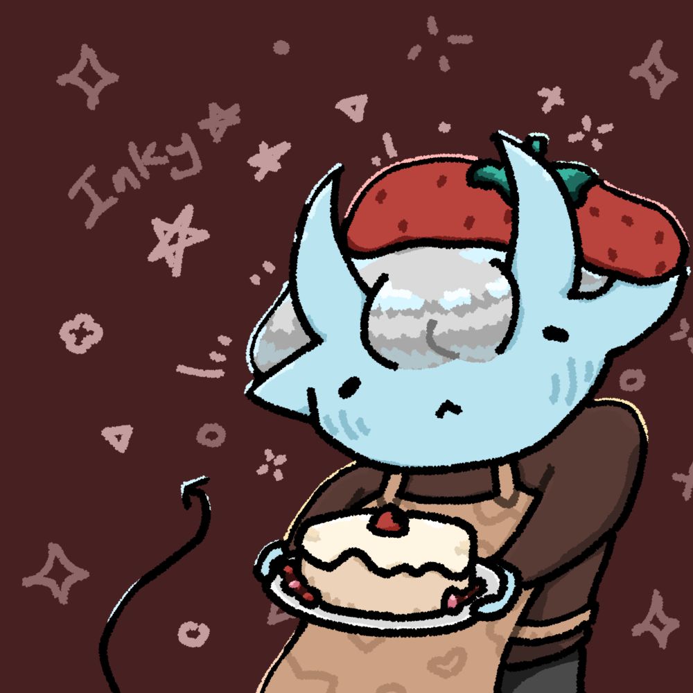 Little blue demon boy (Ink) is holding up a whole fresh cream strawberry cake he made, wearing an apron and a strawberry beret.