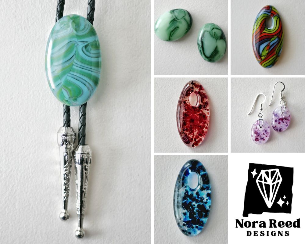 a series of oval designs, including a teal and turquoise swirl bolo tie, some green game tokens, a rainbow and black swirling design pendant, a red and clear confetti design pendant, some pink confetti earrings, and a blue confetti design pendant 