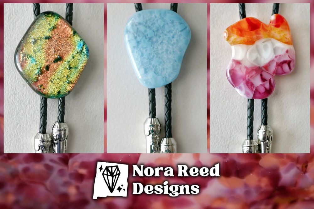 ad with 3 bolo ties all made of irregular glass shapes