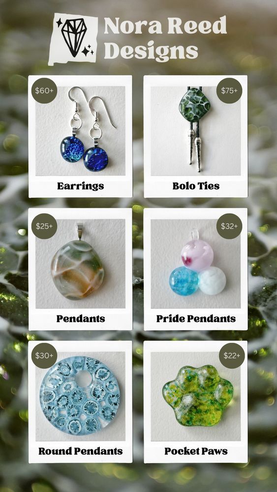 Nora Reed Designs
Earrings $60+
Bolo Ties $75+
Pendants $25+
Pride Pendants $32+
Round Pendants $30+
Pocket Paws $22+