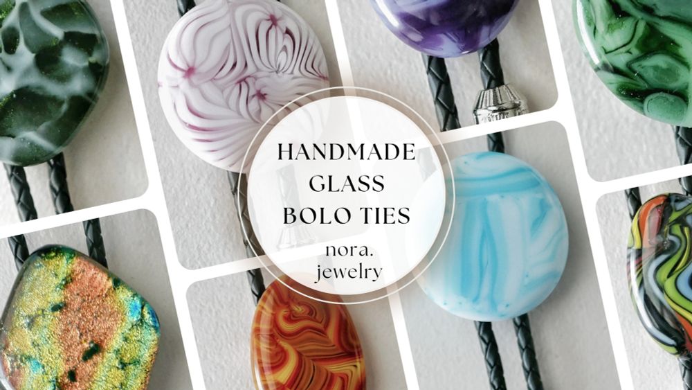 handmade glass bolo ties: nora.jewelry

a bunch of bolo slides are pictured behind the text
