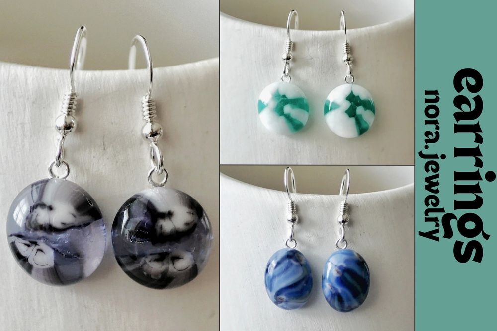 earrings
nora.jewelry
pictured: purple earrings in a mix of opaque and transparent, white and teal earrings and blue brushstroke earrings. they're all ovals