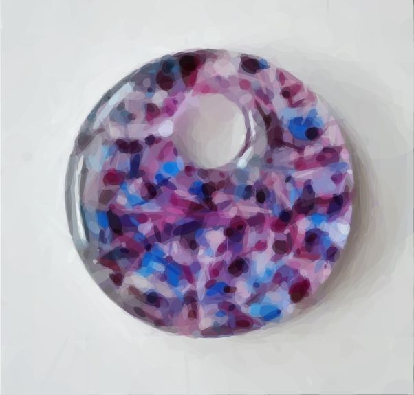 my bi pride circle pendant rendered kind of painterly by recreating it out of layered ellipses of varying sizes and opacities 