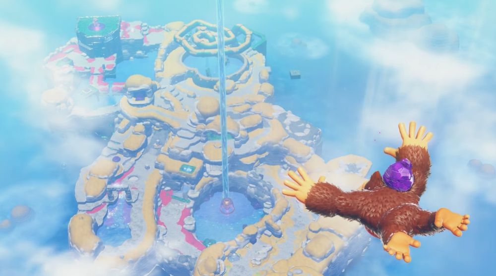 donkey kong skydiving towards a landmass in donkey kong bananza