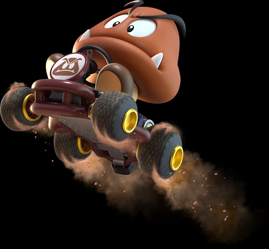 a render from mario kart world, the goomba in a branded kart flying through the air