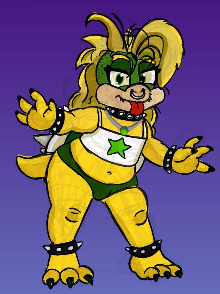 Trans femme Lemmy Koopa wearing green panties and spiked ankle and wrist bands with a nose ring
