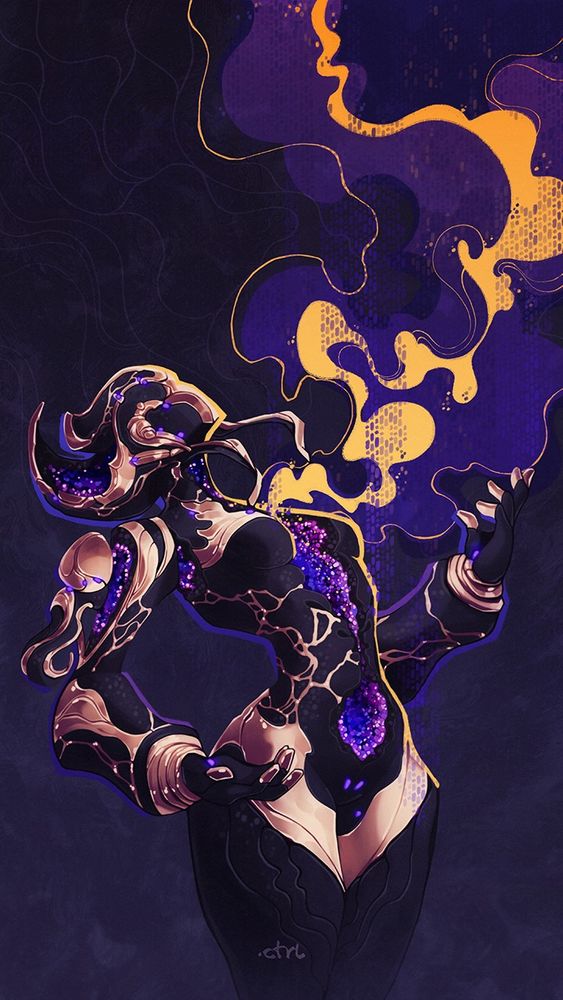 Citrine from warframe. Coloured in black and gold she reminds a work of art, kintsugi. Still her last bit of humanity, her very soul, is leaving this beautiful body in a vivid burst of energy. 

The geodes of the shell will shine brightly forever.