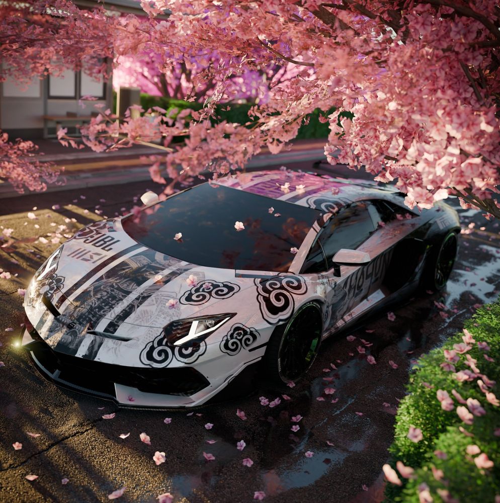 A highly detailed 3D scene featuring a custom sports car parked under blooming cherry blossom trees. The street glistens with puddles reflecting petals and pink foliage, adding atmosphere and realism....