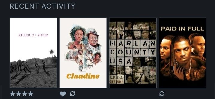 Recent Activity:
Killer of Sheep (4 stars), Claudine (heart, rewatch), Harlan County USA, Paid in Full (rewatch)