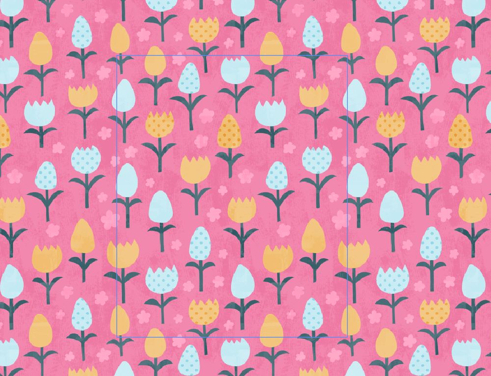 A pattern repeat with a pink textured background, featuring yellow and white tulips in a messy stagger with polka dots on some of them. 