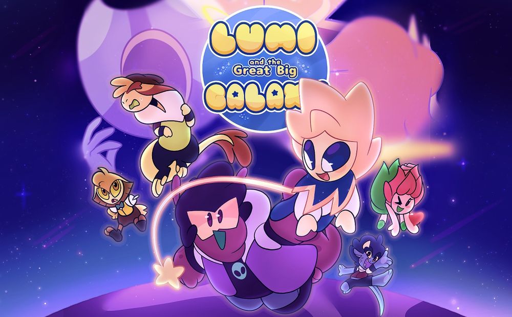 A header featuring all the characters from Lumi and the Great Big Galaxy floating in space.

From left to right: Mika, an  alien that resembles an owl, Davin, a alien that resembles a lizard, Siona, an alien slug girl, Lumi, a star, Felicity, an alien girl that resembles a rose, and Holden, a blue alien resembling a goat.

From back (left to right): Hala, an alien with a moon shaped head, Void, an alien with a star shaped head and Elios, a sun goddess with her orange hair obscuring her face.