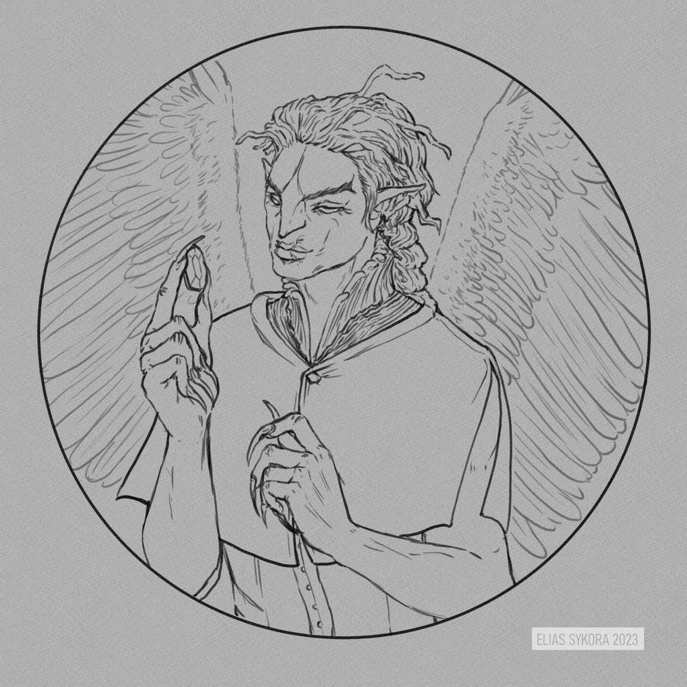 Black lineart of a humanoid female harphy holding a gem on gray background.