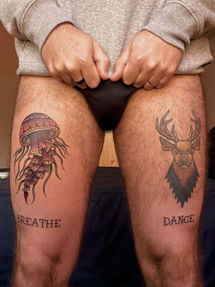 my new jellyfish tattoo along side my stag on my thighs