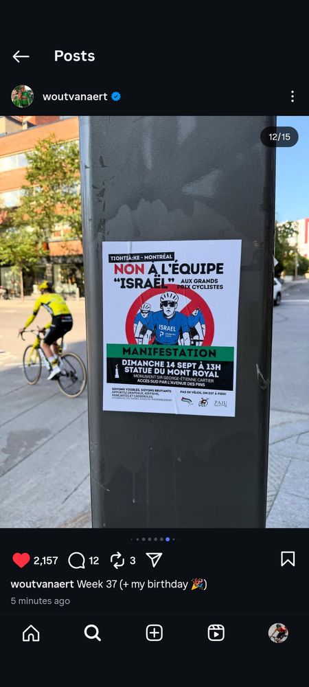 A photo of a poster which says 'Non a l'equipe Israël aux grands prix ciclistes' taken from Wout Van Aert's latest Instagram post