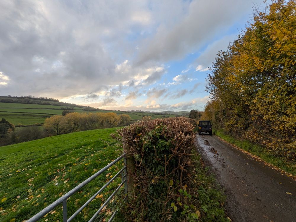 A country lane in a green valley with some blue sky poking through the clouds. There's a yellow hedge on the right of the photo 