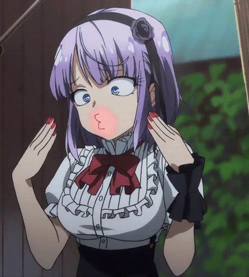 a purple haired anime girl with red nails making a funny face