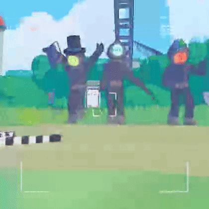 a cartoon of a group of robots standing in a field