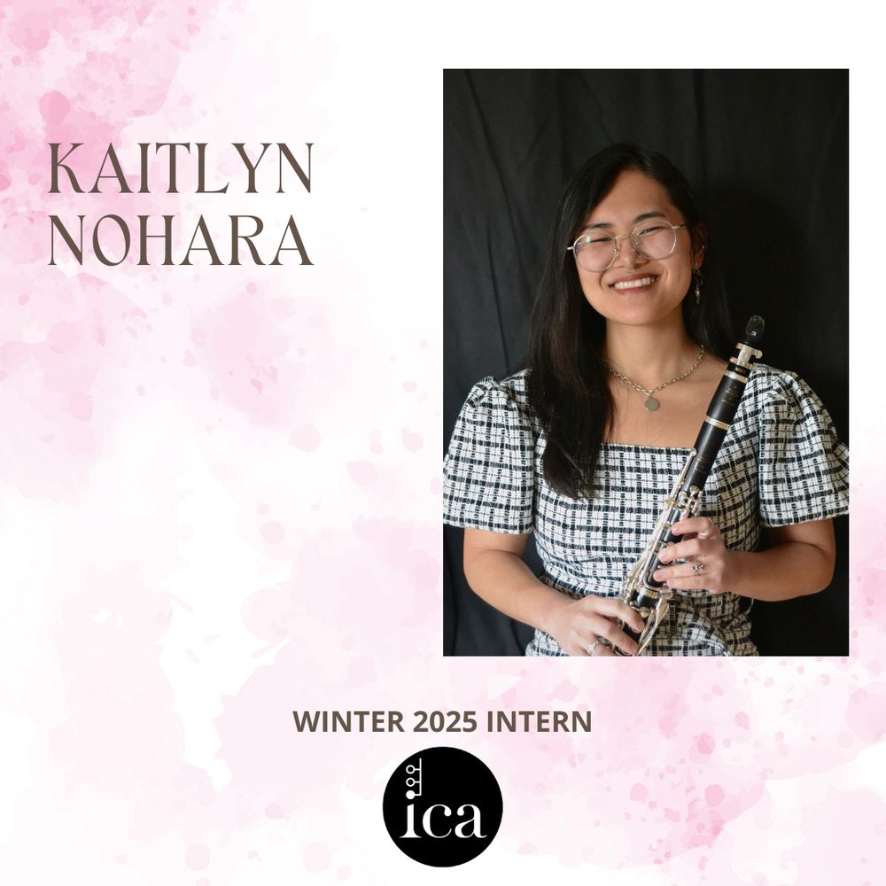 Smiling person holding a clarinet, wearing a checkered outfit against a black background. Text: "Kaitlyn Nohara, Winter 2025 Intern." Light pink watercolor design.