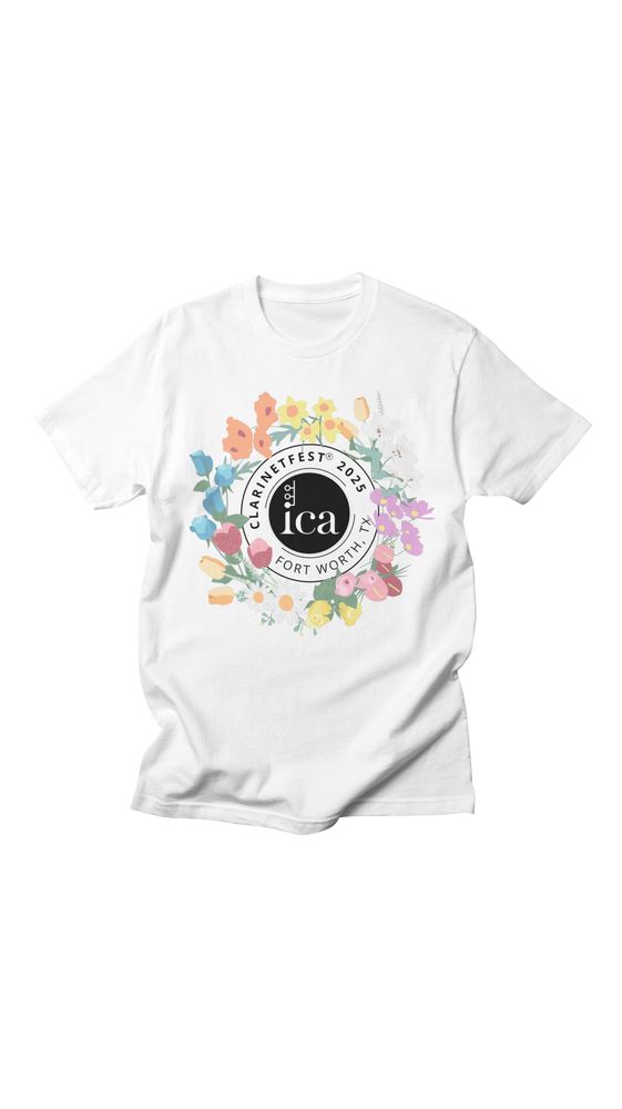 White T-shirt featuring a colorful floral wreath with various flowers surrounding a circular black logo for "ClarinetFest 2025, Fort Worth, TX." Bright and cheerful.
