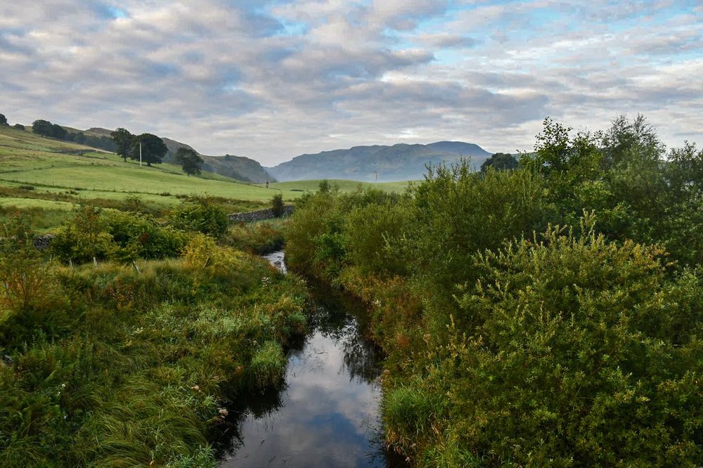 A stream, with vegetation on either side, leads to green fields with morning mist riding from them. Jagged fells lie beyond.