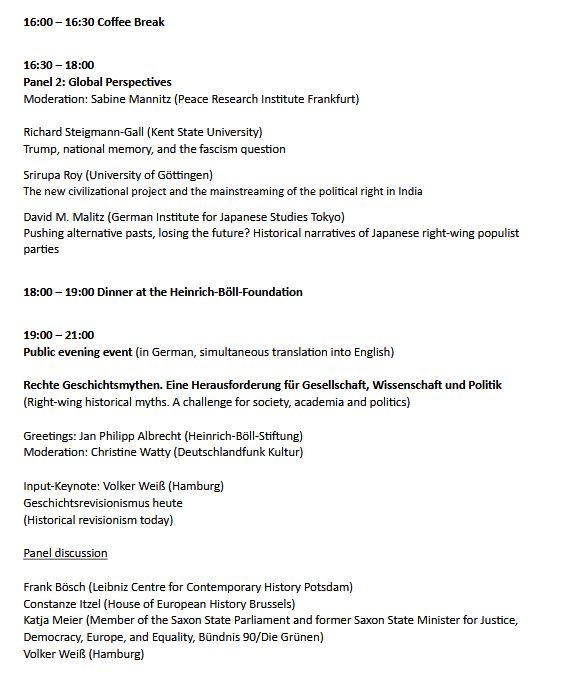 Programme of the Leibniz Research Alliance "Value of the Past" Annual Conference 2025 "Re-Visions of History in Right-Wing Populism and the Far Right. European and Global Perspectives. Mondey 8 September - Wednesday 10 September at the Heinrich-Böll-Stiftung, Schumannstraße 8, 10117 Berlin.
