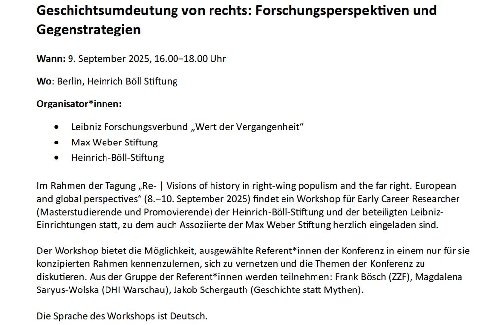 Einladung zu einem Workshop "Geschichtsumdeutungen von rechts: Forschungsperspektiven und Gegenstrategien", am 9.9.2025 in der Heinrich-Böll-Stiftung in Berlin.