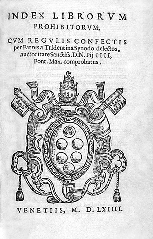 The Index Librorum Prohibitorum ("List of Prohibited Books") is a list of publications which the Catholic Church censored for being a danger to itself and its members. Title page of the 1564 edition, printed in Venice.