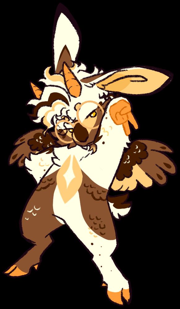 A Wolpertinger (Rabbit, Goat, Bird Mix) wearing golden glasses in a wide stance leaning a little backwards, they have their right hand on their hip while they left is displaying a upside down peace sign emoji