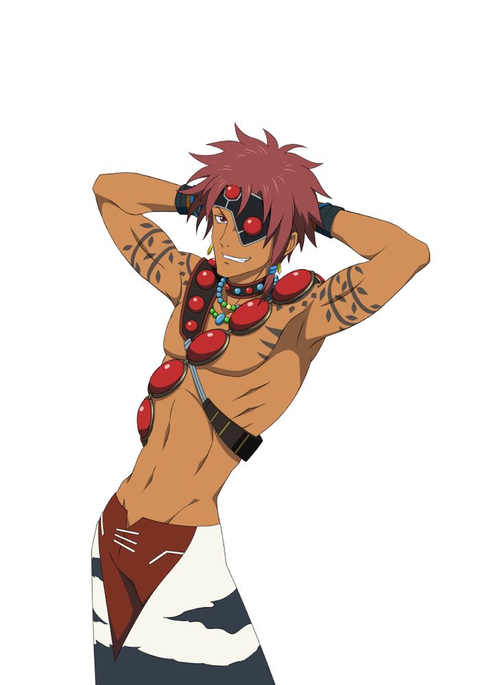 Moses Sandor from Tales of Legendia with his hands behind his head grinning at the camera