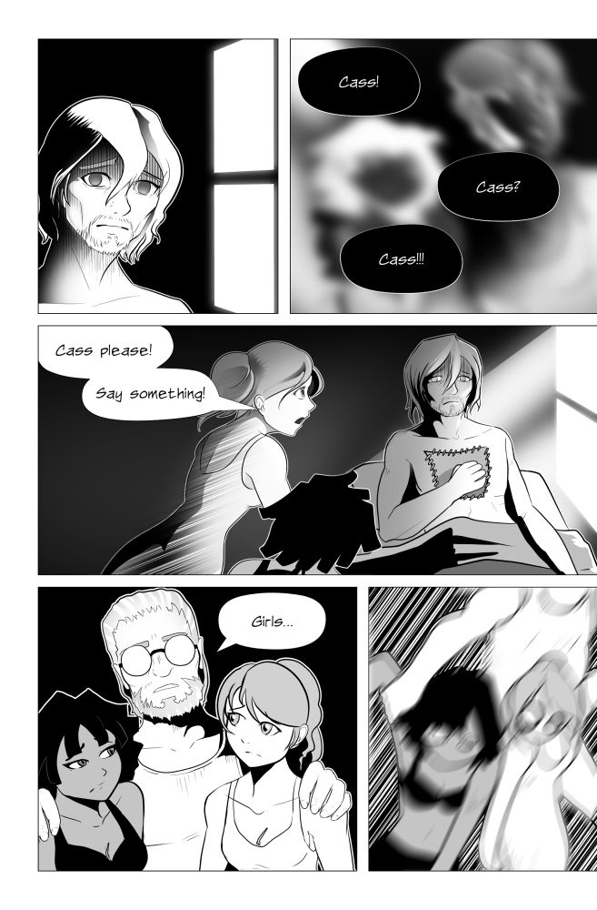 Of This Light Heavensent Issue #3 Page 3. As Rhode and Esther barrage Cass with questions, Madoc appears to throw them out.