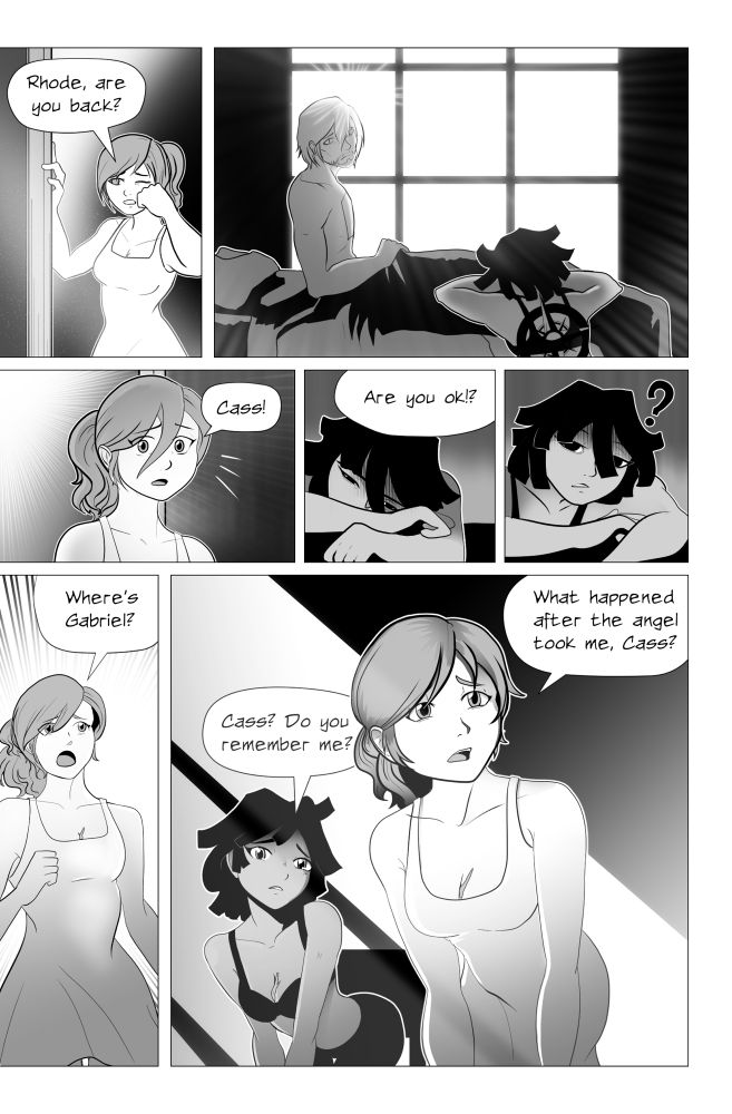 Of This Light Heavensent Issue #3 Page 2. Esther walks in as Cass wakes up. Both Rhode and Esther barrage him with questions.