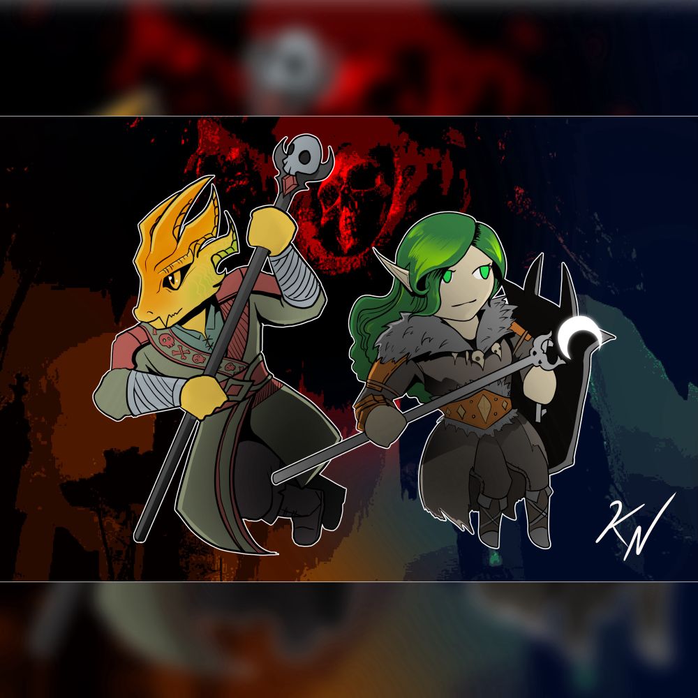 Two Tavs from Baldur’s Gate 3, drawn by Kyle Newbridge.
