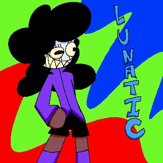Person with dark skin, pale make-up, mascara, slightly yellow eyes and sharp teeth, and big, curly hair, wearing a purple flannel, black shorts, and purple thigh-high socks standing with their hand on their hip.  The background is wavy with red, green, and blue.  There is text next to the character reading “Lunatic”